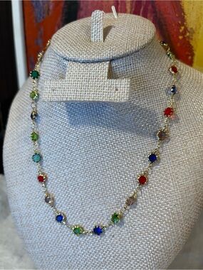 Estate Gold Multicolor Gemstone Station Necklace